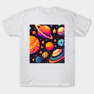 Cosmic Harmony: Brightly Colored Flat Vector Illustration of Planets and Stars in the Solar System T-Shirt